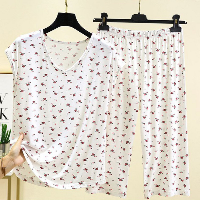 모달 파자마 세트 플라워 프린트 브이넥 반팔 홈웨어 상하의 투피스 중년여성 엄마복 할머니복 7부 바지 잠옷세트