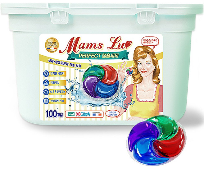 맘스럽 퍼팩트 캡슐세제 16gX100개 4챔버 국내산 명품세제+섬유유연제 프로방스 퍼퓸 향 8배 초고농축 9종효소 특대용량 실내건조형 캡슐세제, 1개, 100개입