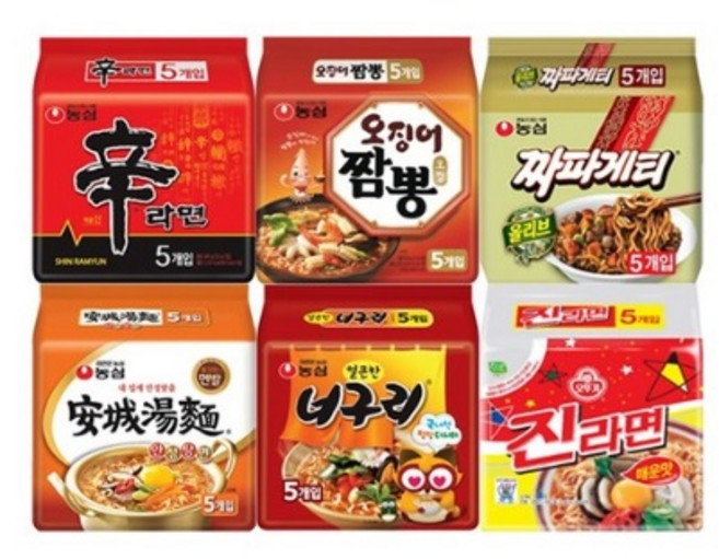 농심 라면 멀티팩 6종 (신라면+오징어짬뽕+짜파게티+안성탕면+너구리+진라면매운맛) 총 30입, 30개입