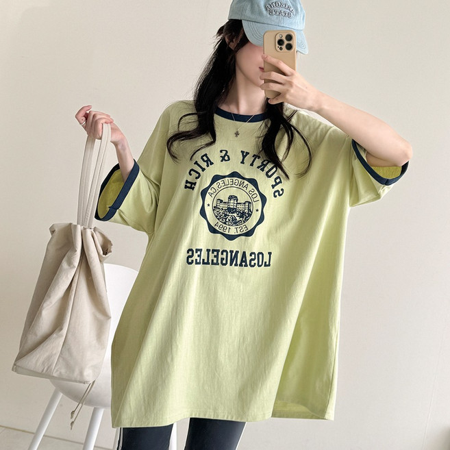 데일리앤 크레용 여성 빅사이즈 오버핏 배색 레터링 롱 링거티셔츠 봄 여름 레깅스티