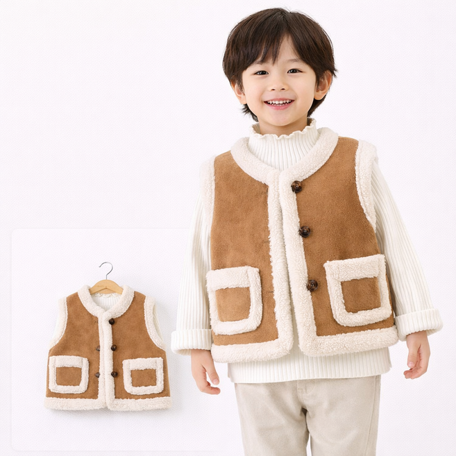 유아 아동 뽀글이 조끼 브라운 양털 베스트 겨울 보온 퍼조끼