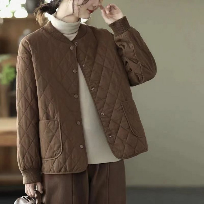 菱格輕薄寬鬆棉服外套 - 韓版氣質秋冬季休閒保暖百搭