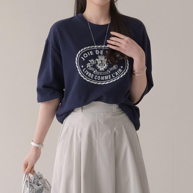 데일리앤 그릭 여성 코튼 쭈리 7부 반팔 레터링 프린팅 티셔츠 레이어드 봄 여름