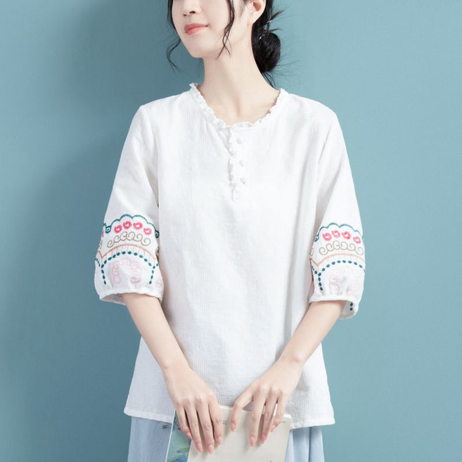 별후이 여성용 여름 빅사이즈 면마 셔츠 캐주얼 린넨 반팔 티셔츠 24GRA07J