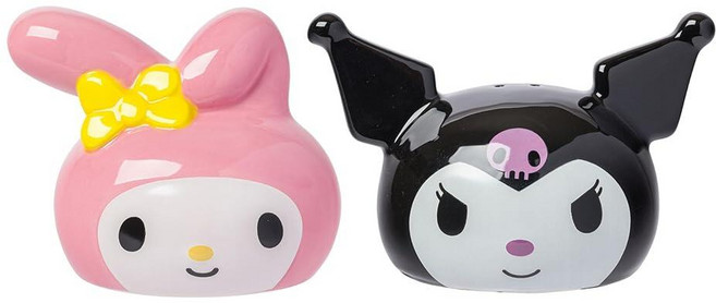 Silver Buffalo Sanrio 헬로 키티와 친구들 마이 멜로디 앤 쿠로미 3D 조각 세라믹 소금 및 후추 쉐이커 세트 151844, 산리오 멜로디와 쿠로미 페이스, 1개