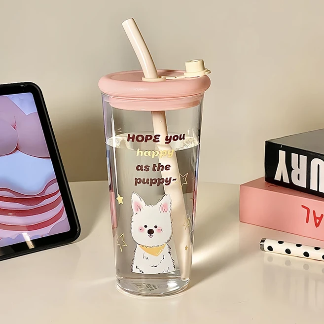 귀여운 강아지 식품 등급 유리 빨대컵 대용량 오피스 여성용 핑크 소녀 하트 팝 스타일 르슈팡 스토어, 02 핑크 800ml