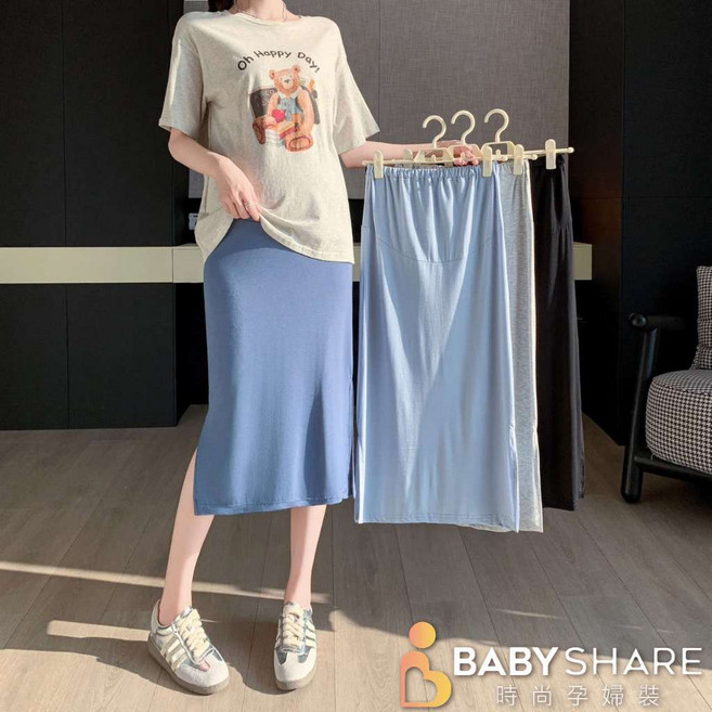 BabyShare 時尚孕婦裝 莫代爾側開岔托腹孕婦裙