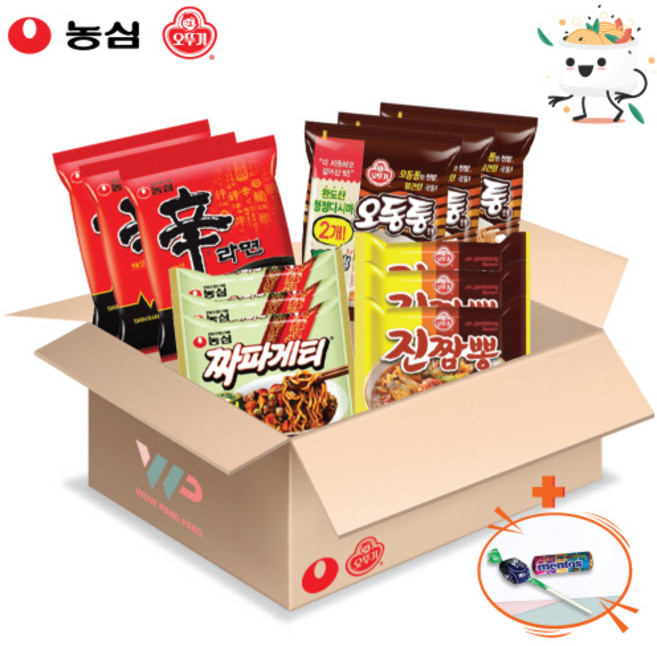 농심 오뚜기 봉지라면 혼합세트 4종 12봉입 신라면 3개입+짜파게티 3개입+오동통면 3개입+진짬뽕 3개입 총12봉입 멘토스+투시팝캔디 사은품 2종 증정, 1개