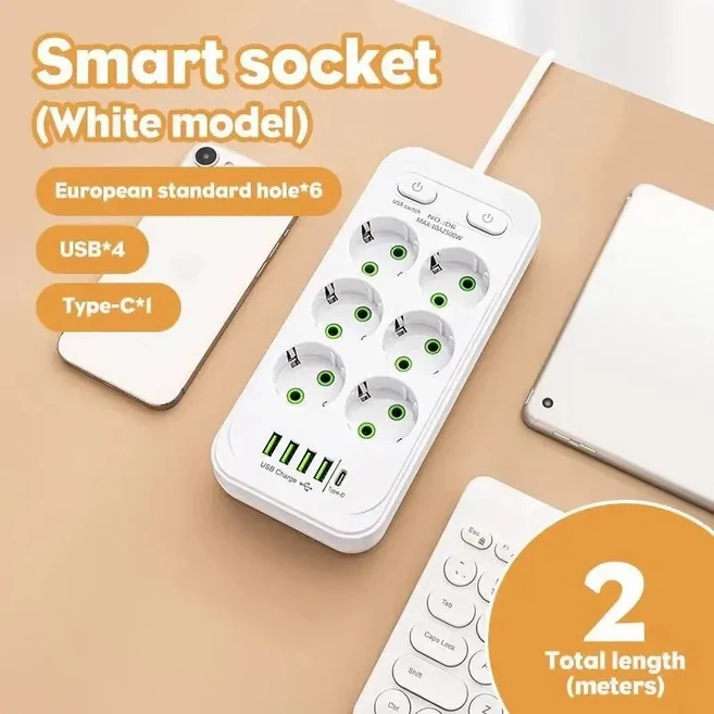 콘센트 독립 2 USB 4개의 TYPE-C 전원 연장 제어 2M 있는 EU 전기 스트립 소켓 코드 플러그 다중 포트가, 01 6 Sockets-White, 01 EU, 1개