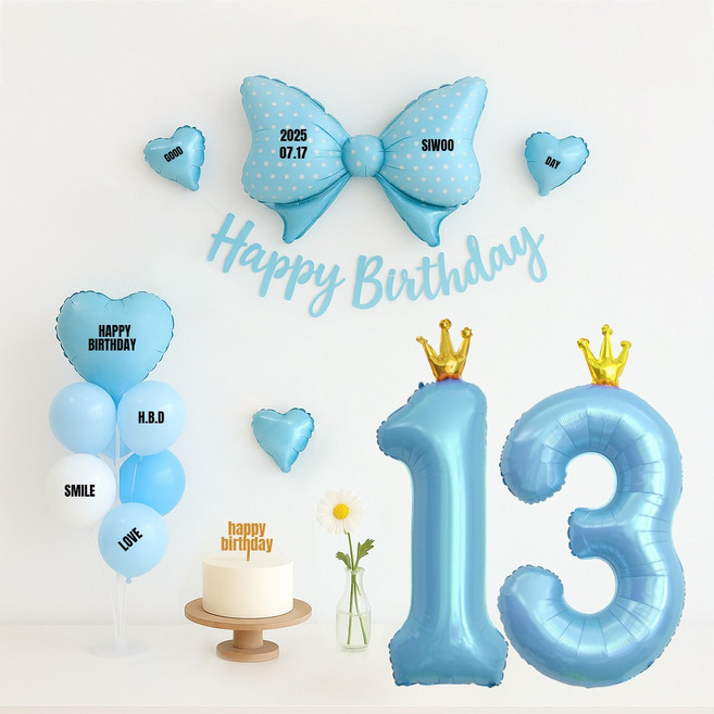 해피제이니 핑크앤블루 대형리본 숫자풍선 생일파티 가랜드 풍선 파티세트(프리레터링시트지 포함), 1세트, 블루리본 13번