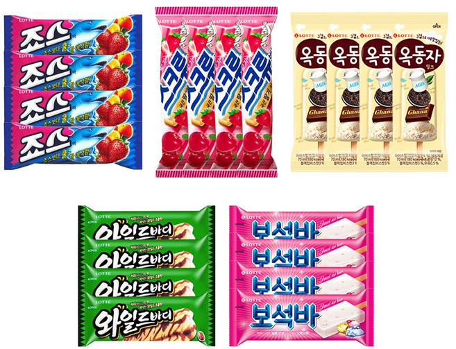 바 아이스크림 5종 상품 세트 구성 (죠스바 / 스크류바 / 옥동자 / 와일드바디 / 보석바), 20개, 75ml