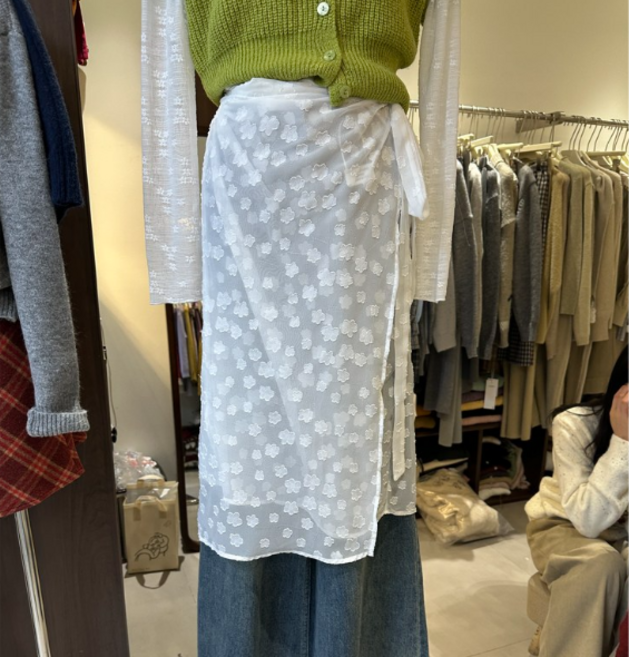 플라워 자수 레이어드 오픈 롱 치마 랩스커트 2컬러