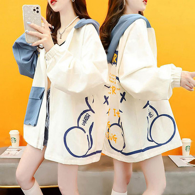 봄가을 얇은 후드 자켓 카디건 루즈핏 여성 아우터 코트 후드집업 여성 심플 빅사이즈 오버핏 여성자켓 트레이닝 운동복 바람막이 WAWAMIYA