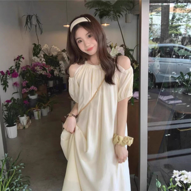 夏季韓系露肩掛脖連衣裙 法式溫柔風氣質中長裙, 杏色