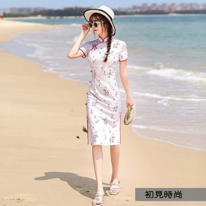 初見 四面彈定位花單層日常旗袍 中旗袍 中國風洋裝, 6043 小紅花,S/L/XL/2XL/3XL