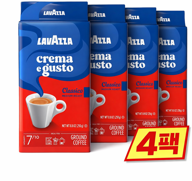 Lavazza Crema E Gusto 그라운드 커피 블렌드 에스프레소 다크 로스트 249.5g(8.8온스) 브릭 (4팩) 정통 이탈리아식 이탈리아에서 혼합 및 로스팅, 250g, 4개