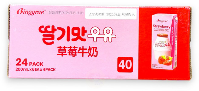 Binggrae 草莓牛奶 保久調味乳, 24個裝, 200ml