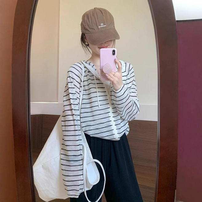 여성 여름 얇은 스트라이프 자외선 차단 후드 카디건