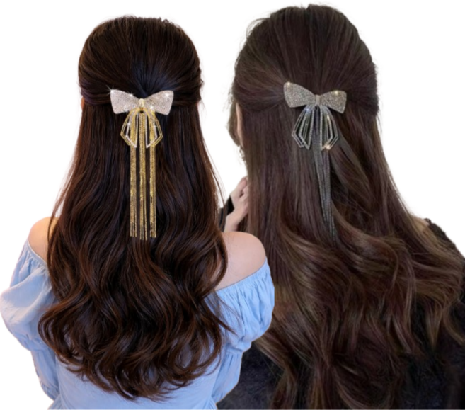 어썸H 2개 세트 리본 헤어핀 크리스탈 큐빅 리본 태슬 헤어 자동핀 반묶음핀 머리핀