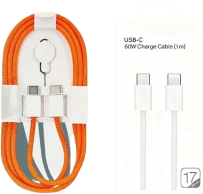 USB-C PD60W 快充編織充電線, 愛馬仕橙, 1個, 1m