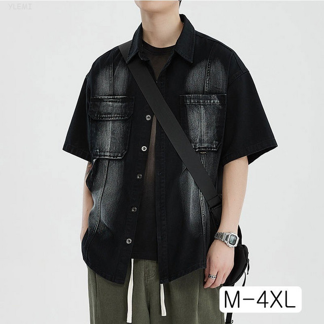 YLEMI 여름 아우터 캐주얼 그러데이션 데님 반팔 상의 남성 루즈핏 빈티지 반팔 워싱 청자켓