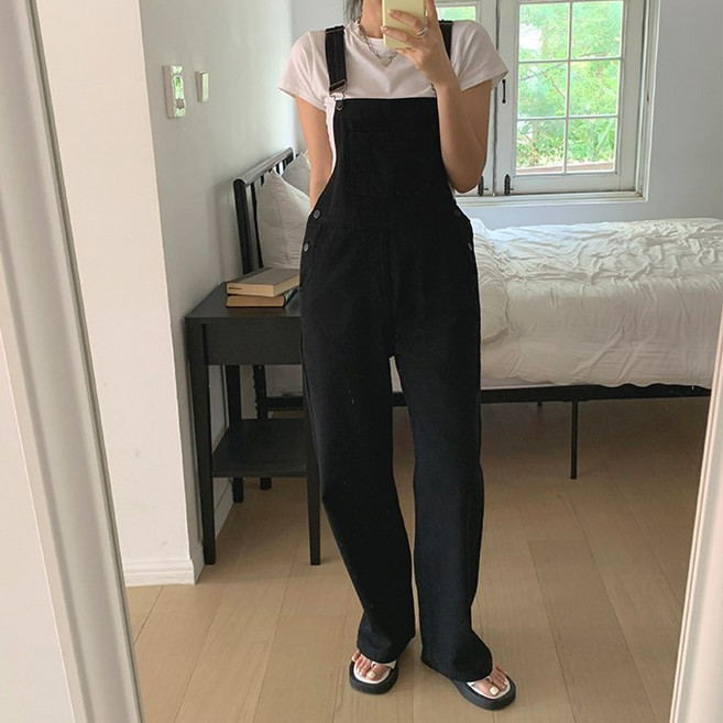 [Made] 코튼 멜빵 오버롤 와이드팬츠 5056 - 화이트/블랙 [빅사이즈 S~XXXL]