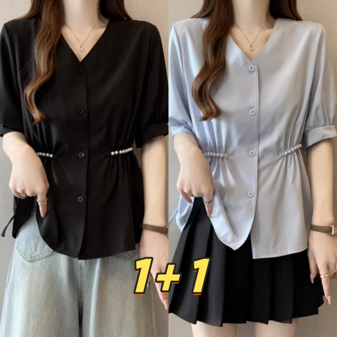 1+1 여성 브이넥 반팔 셔츠 2026 여름 빅사이즈 허리 조임 뱃살 커버 진주 장식 반팔 상의