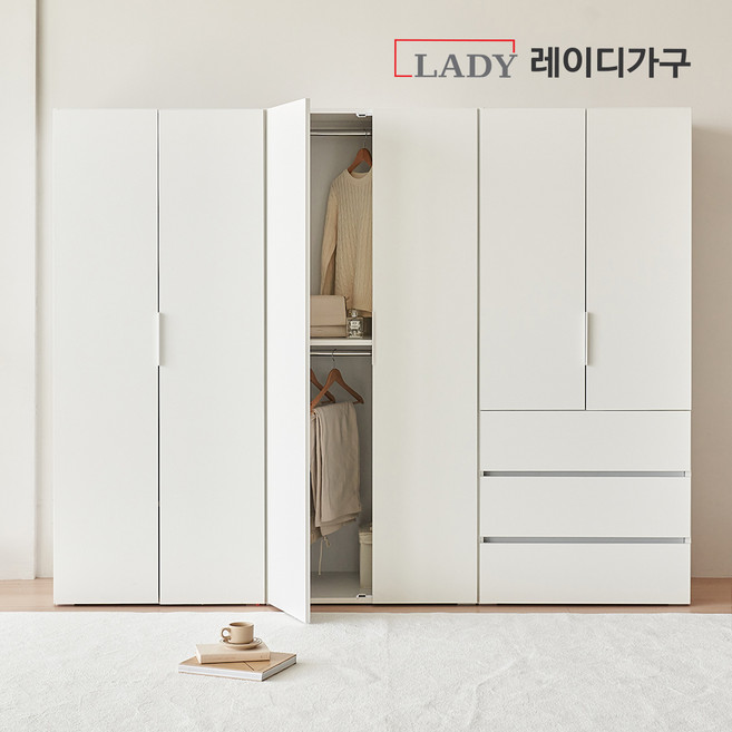 레이디가구 빈트 베이직 수납 시스템 옷장 2400 A세트 (800 긴옷장 + 800 이불장 (2단 행거 옷장) + 800 3단 서랍 옷장), 화이트