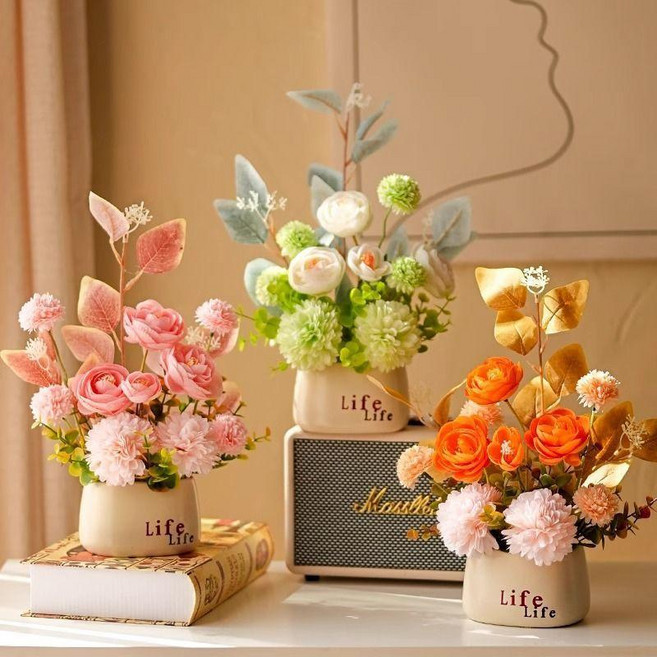 仿真花盆栽 桌面裝飾花 客廳辦公室擺飾, 1個, life盆【秋日橘+希望綠+少女粉】三件,pvc防摔盆+仿真花, 混色