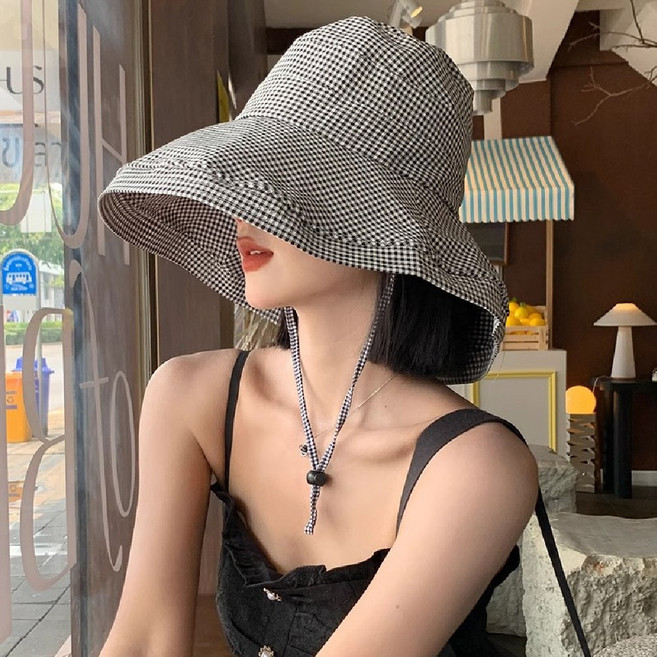 체크 버킷햇 외출 모자 햇빛차단 여름모자 등산 골프 스포츠 챙넓은썬캡
