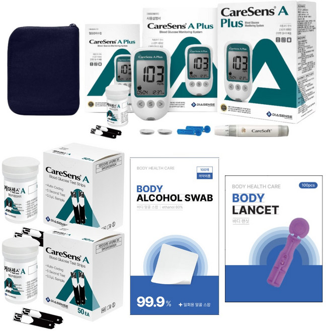 케어센스A 혈당측정기+시험지110매+알콜솜200매+채혈침210매 혈당 당뇨 검사기 체크게 가정용, 1개