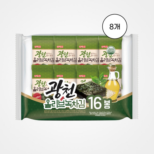 삼육김 광천 올리브녹차 도시락김 16단 8팩 1BOX, 4g, 128개