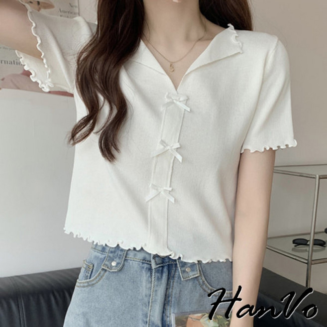 HanVo 木耳蝶結排釦短版衣 V領薄款針織衫 韓系女裝