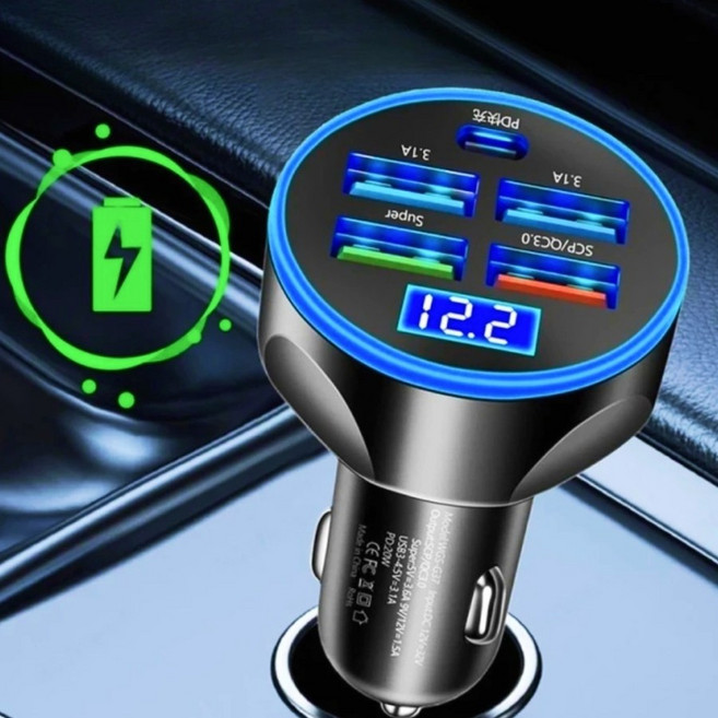 (초특가) 나팔래옹 5포트 시거잭 차량용 초고속 충전기 멀티포트 USB C타입 자동차, 블랙, 1개