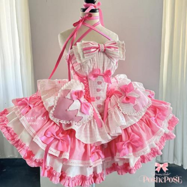 로리타 스타일 섹시한 핑크 활 러브 단추 격자 무늬 슬림 튜브 탑 무릎 위 원피스 생일 파티 케이크 드레스