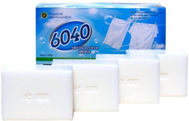 6040 세탁 비누 EM 천연 100% 식물성 찌든 때 속옷 더러운 운동화 하얀 빨래 비누 240g 4개