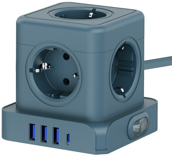 티메코 20W 고속충전 5구 멀티탭 TMC-10 SF코팅 큐브 디자인 C타입 USB 1.8M 전선형, 1개, 블루