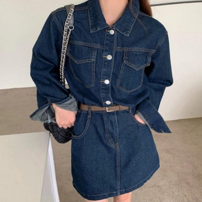 진청 청 미니 미니 A라인 데님 원피스 허리강조