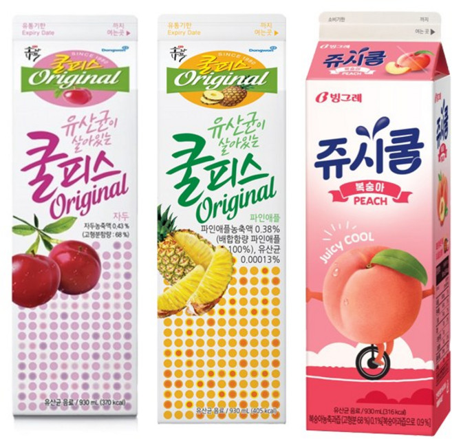 쿨피스+쥬시쿨 930ml 음료모음/쿨피스자두2+쿨피스파인2+쥬시쿨복숭아2/냉장무배