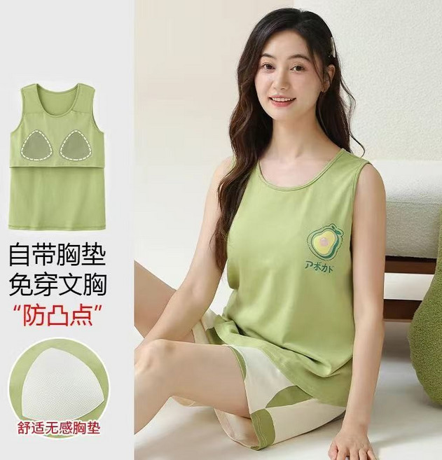 女士夏季帶胸墊睡衣休閒寬鬆家居服套裝