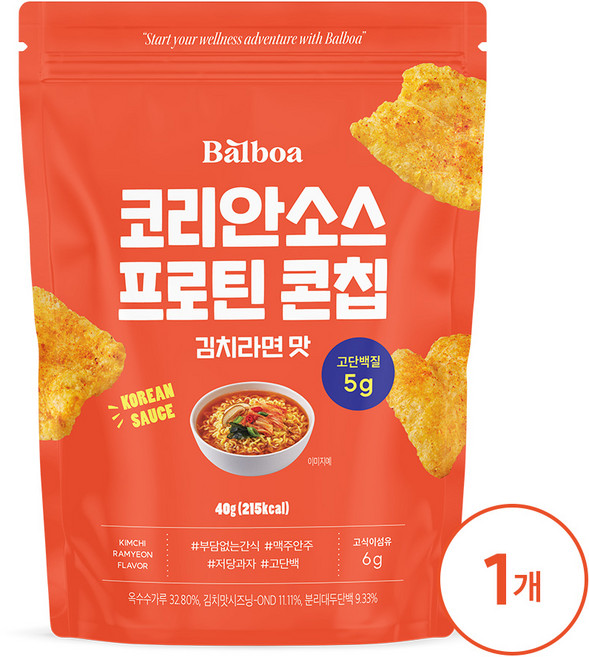 발보아 저당 코리안소스 프로틴 콘칩 김치라면맛, 1개, 40g