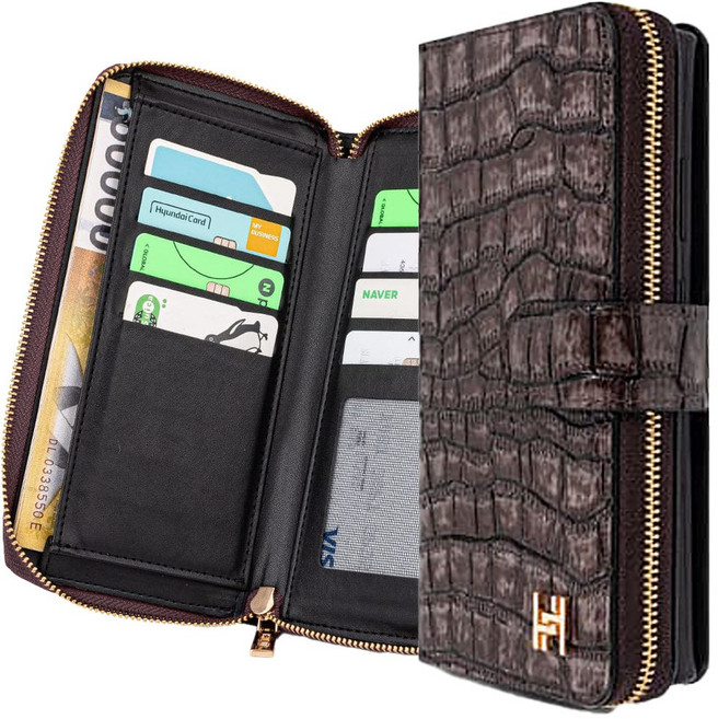 갤럭시A퀀텀 넬피 카이만 천연소가죽 카드 지퍼 지갑 다이어리 케이스 손목 스트랩 지폐수납