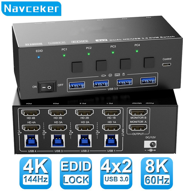 Navceker 듀얼 모니터 공유 키보드 마우스 8K KVM 스위치 HDMI 4 포트 4K 144Hz USB 3.0 KVM 스위치 4 PC 2 모니터 EDID 에뮬레이터, ZY-A842