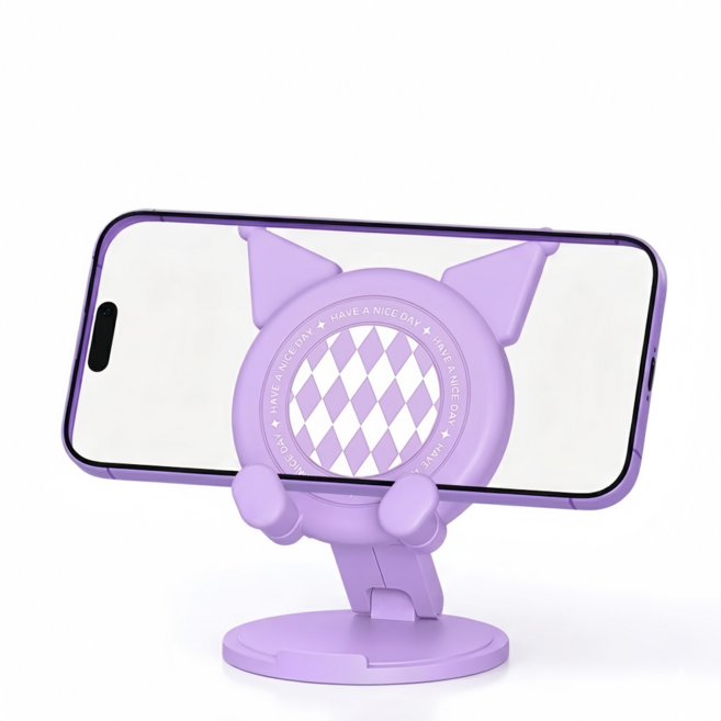 OFFCURVE 회전형 캐릭터 스마트폰 거치대 탁상용 접이식 독특한 데스크테리어 소품, 1개, 보라색