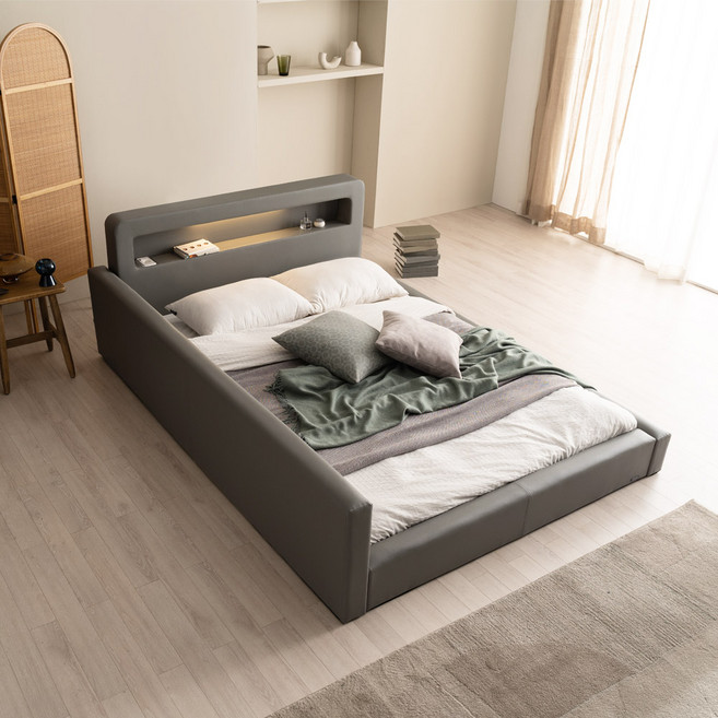 젠티스 스너그온 LED PU 가죽 저상형 침대프레임 패밀리침대, 2.그레이, 2.퀸 Q