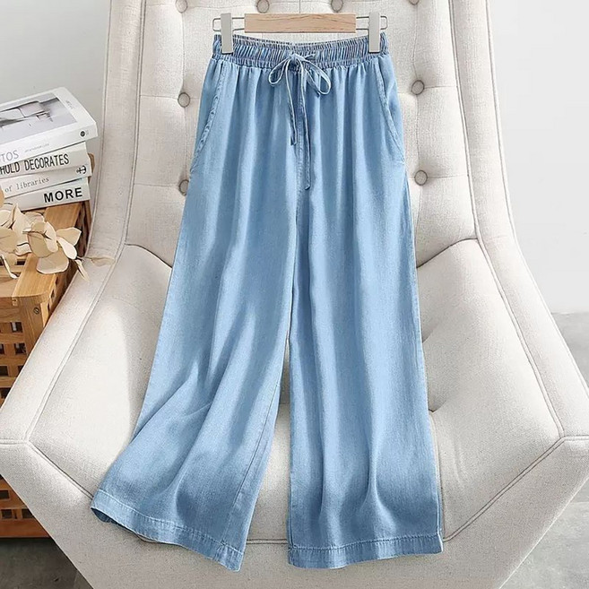 ROYALBELLE 여성 허리밴딩 스트링 루즈핏 캐주얼 통바지 얇은 텐셀 쿨링 7부 와이드 데님 팬츠 K032521