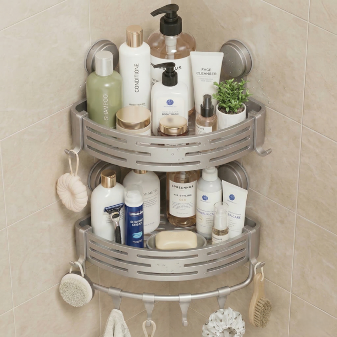 라이프뮤앤문 초초강력 떨어지지않는 진공흡착 무타공 욕실선반 코너형, 2개, 건메탈 그레이