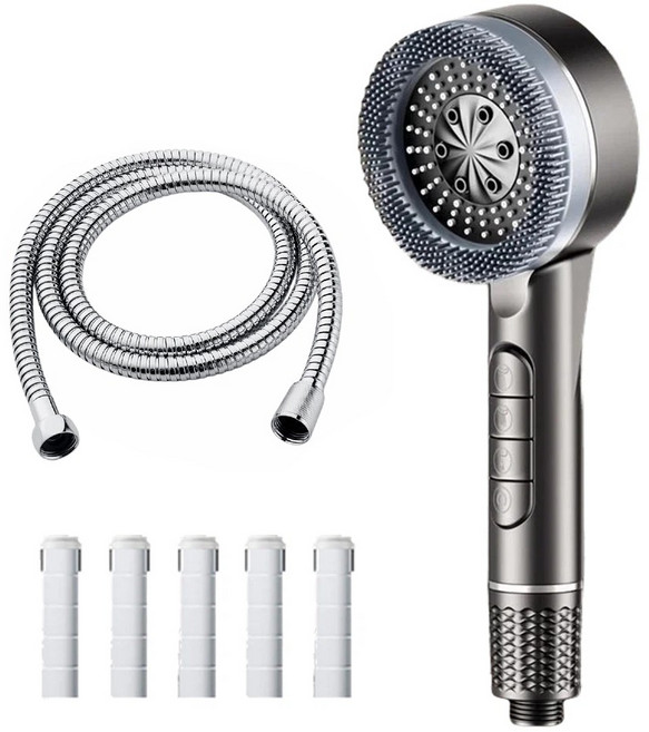 MEMEU 3단 증압 필터 샤워기 헤드+1.5m 스테인리스 샤워 파이프+필터 카트리지 5개, 은회색, 1세트