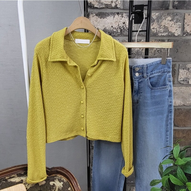 상상그이상 여성용 국내제작 레모나 카라 콩단추 고급스런 원단 최신 유행 반크롭 블라우스 구김없는 주름 크롭셔츠 루즈핏 하객 긴팔 블라우스