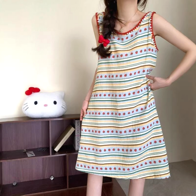 담이즈 여성 여름 스트라이프 원피스 민소매 홈웨어